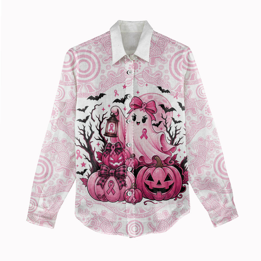 Aboriginal Pink Ghost Pumpkin Women Casual Shirt Aboriginal Halloween Wear Pink