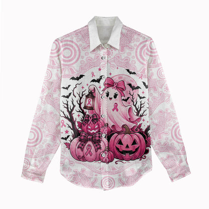 Aboriginal Pink Ghost Pumpkin Women Casual Shirt Aboriginal Halloween Wear Pink
