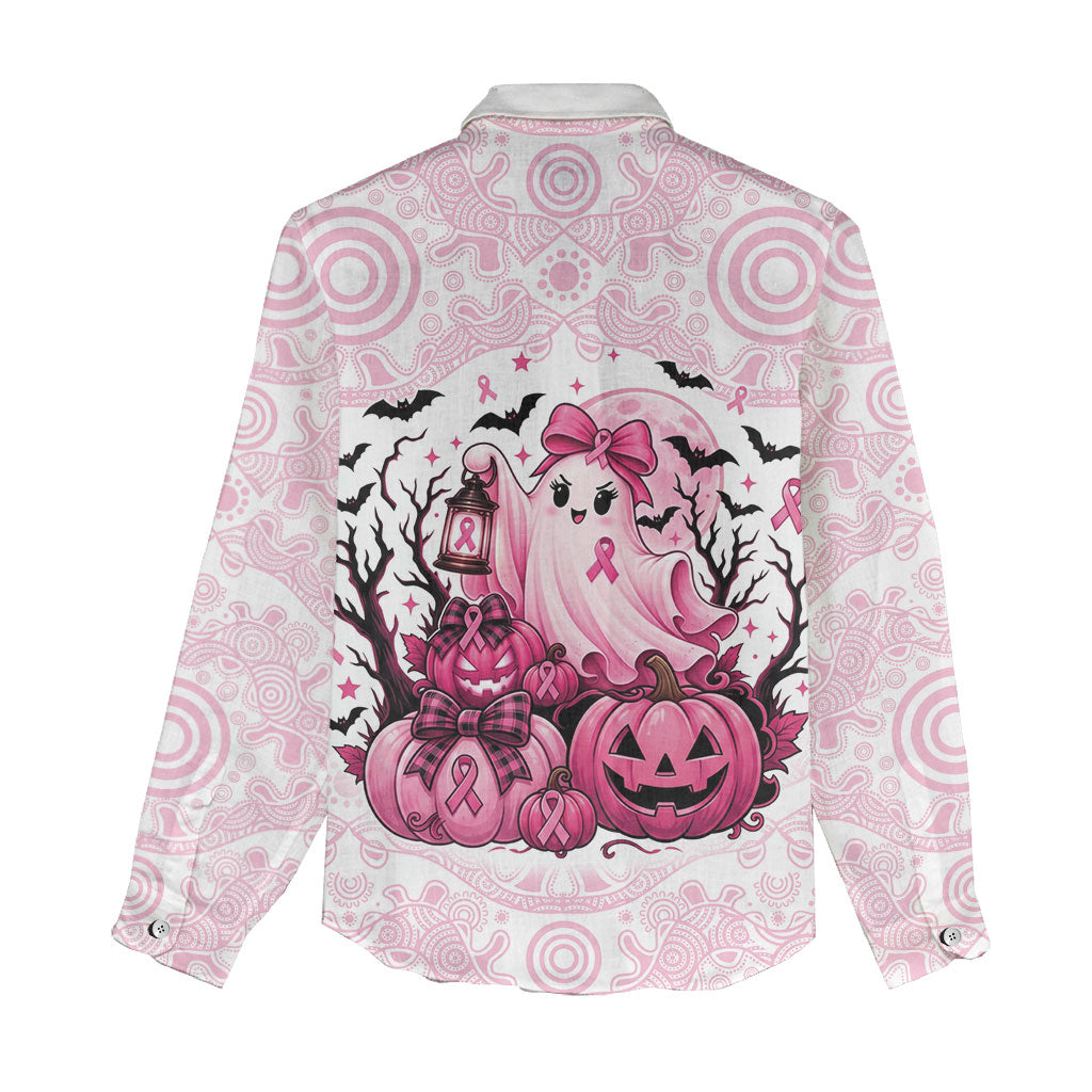 Aboriginal Pink Ghost Pumpkin Women Casual Shirt Aboriginal Halloween Wear Pink