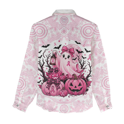 Aboriginal Pink Ghost Pumpkin Women Casual Shirt Aboriginal Halloween Wear Pink