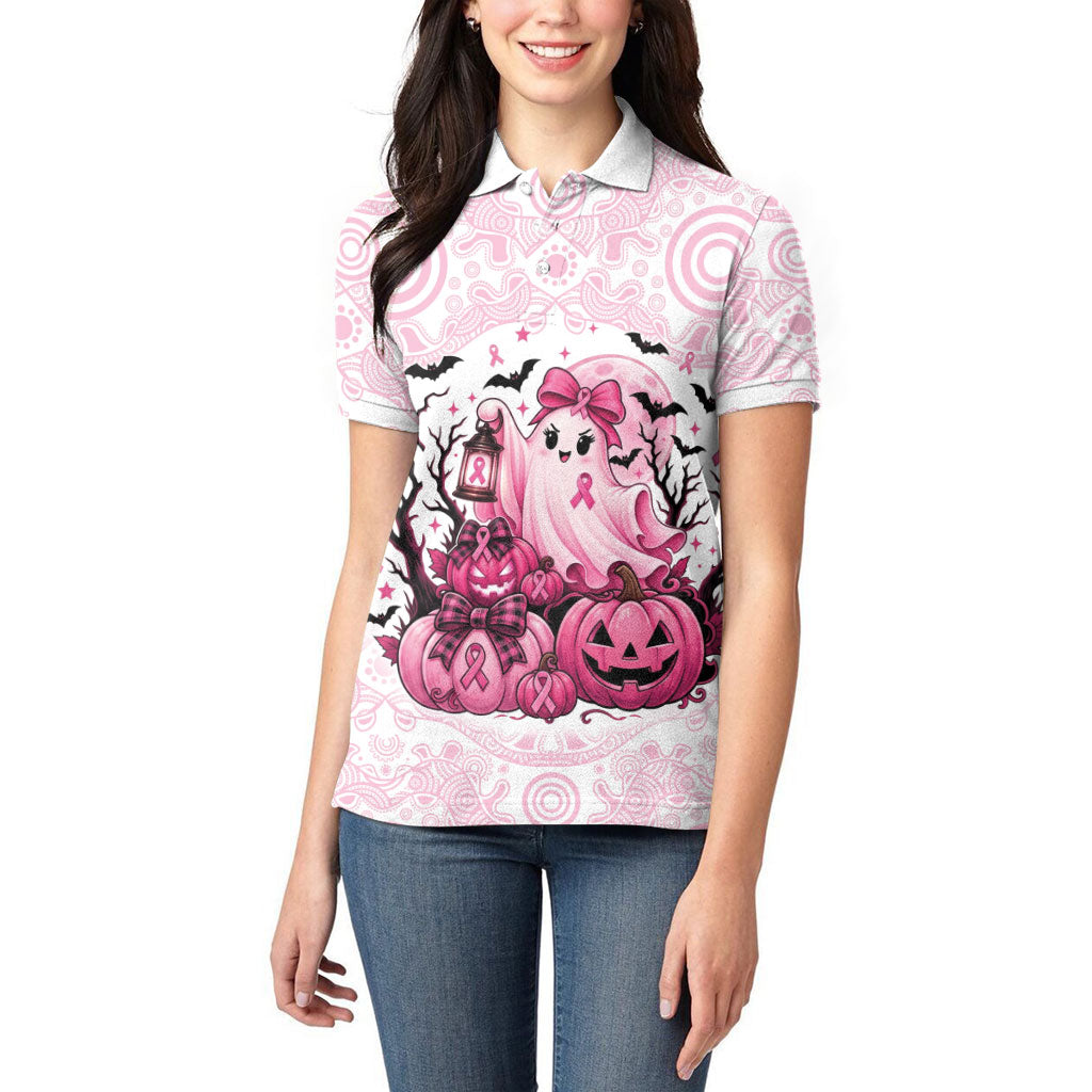 Aboriginal Pink Ghost Pumpkin Women Polo Shirt Aboriginal Halloween Wear Pink