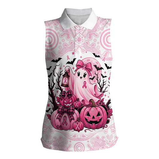 Aboriginal Pink Ghost Pumpkin Women Sleeveless Polo Shirt Aboriginal Halloween Wear Pink