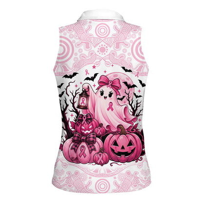 Aboriginal Pink Ghost Pumpkin Women Sleeveless Polo Shirt Aboriginal Halloween Wear Pink