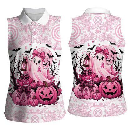 Aboriginal Pink Ghost Pumpkin Women Sleeveless Polo Shirt Aboriginal Halloween Wear Pink