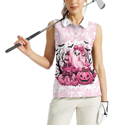 Aboriginal Pink Ghost Pumpkin Women Sleeveless Polo Shirt Aboriginal Halloween Wear Pink