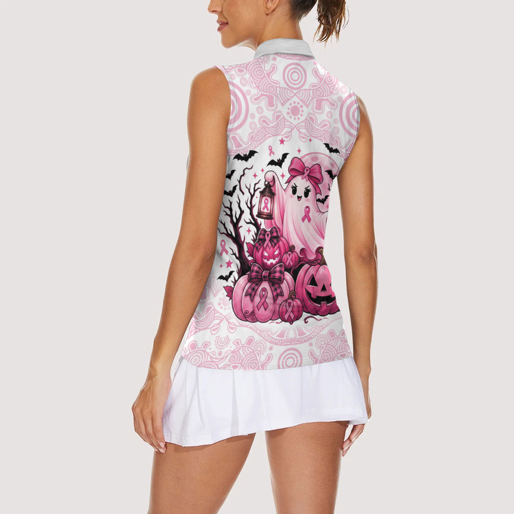 Aboriginal Pink Ghost Pumpkin Women Sleeveless Polo Shirt Aboriginal Halloween Wear Pink
