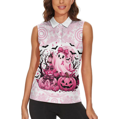 Aboriginal Pink Ghost Pumpkin Women Sleeveless Polo Shirt Aboriginal Halloween Wear Pink