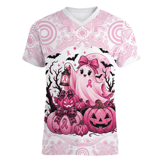 Aboriginal Pink Ghost Pumpkin Women V-Neck T-Shirt Aboriginal Halloween Wear Pink