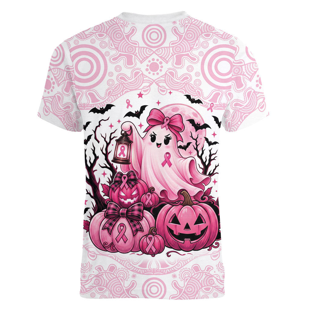 Aboriginal Pink Ghost Pumpkin Women V-Neck T-Shirt Aboriginal Halloween Wear Pink