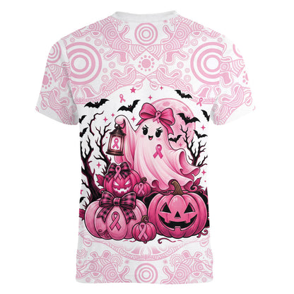 Aboriginal Pink Ghost Pumpkin Women V-Neck T-Shirt Aboriginal Halloween Wear Pink