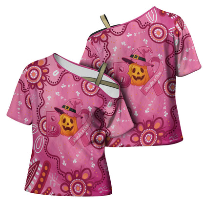 Boo for a Cure Pink Ghost Cross Shoulder Shirt Aboriginal Halloween Wear Pink