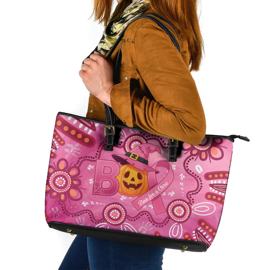 Boo for a Cure Pink Ghost Leather Tote Bag Aboriginal Halloween Wear Pink