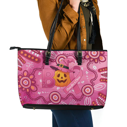 Boo for a Cure Pink Ghost Leather Tote Bag Aboriginal Halloween Wear Pink