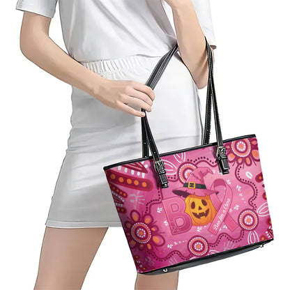 Boo for a Cure Pink Ghost Leather Tote Bag Aboriginal Halloween Wear Pink