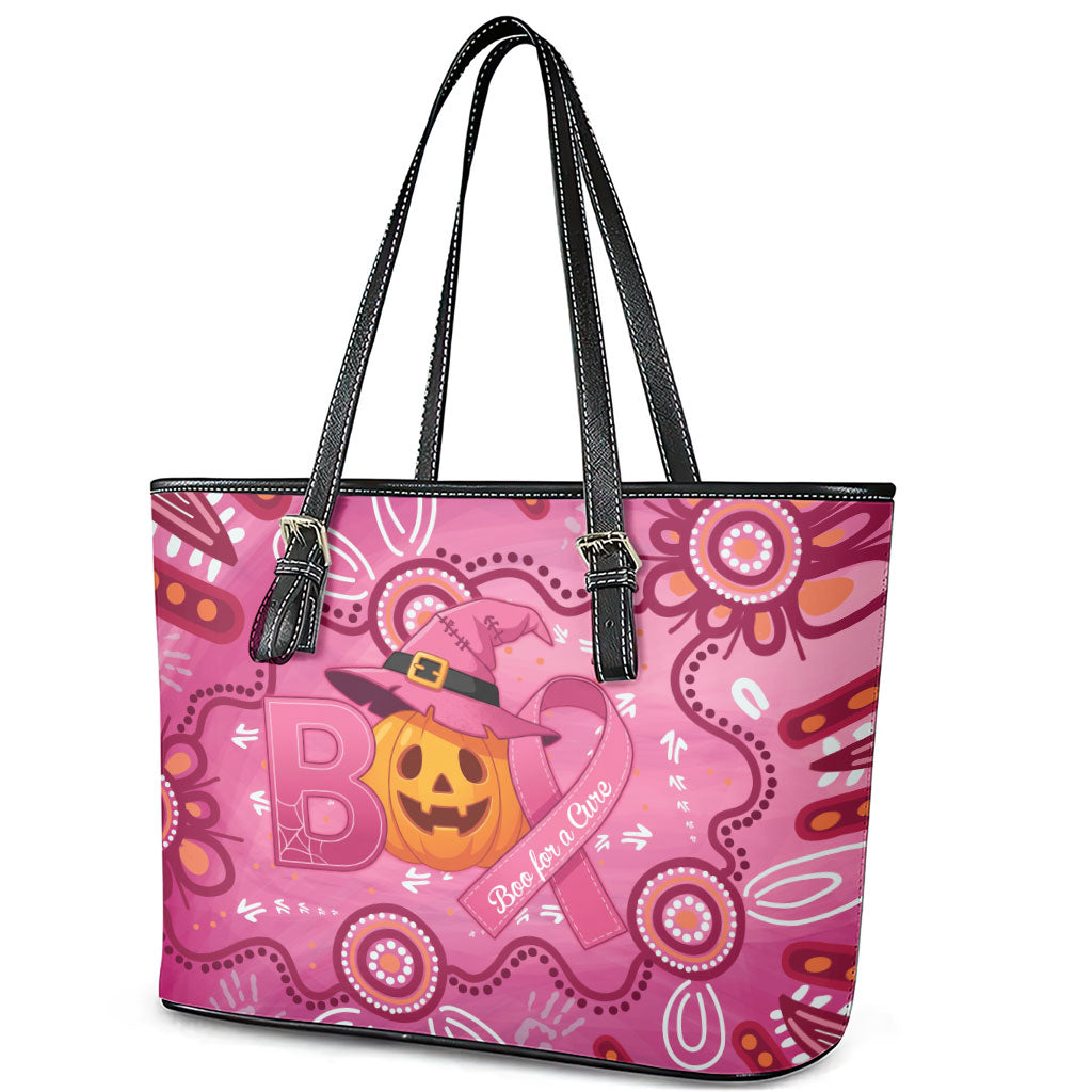 Boo for a Cure Pink Ghost Leather Tote Bag Aboriginal Halloween Wear Pink