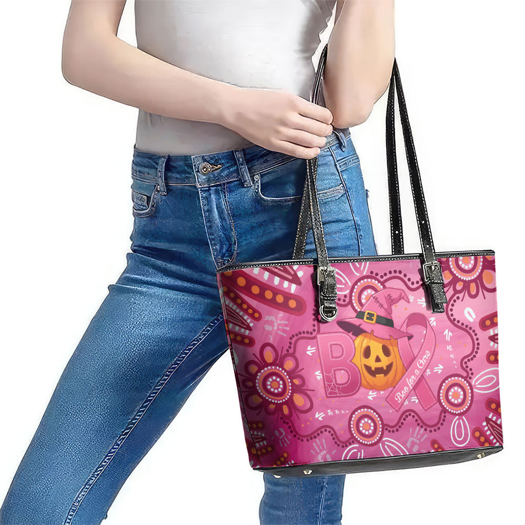 Boo for a Cure Pink Ghost Leather Tote Bag Aboriginal Halloween Wear Pink