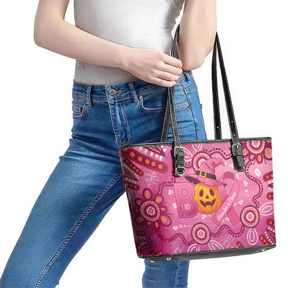 Boo for a Cure Pink Ghost Leather Tote Bag Aboriginal Halloween Wear Pink
