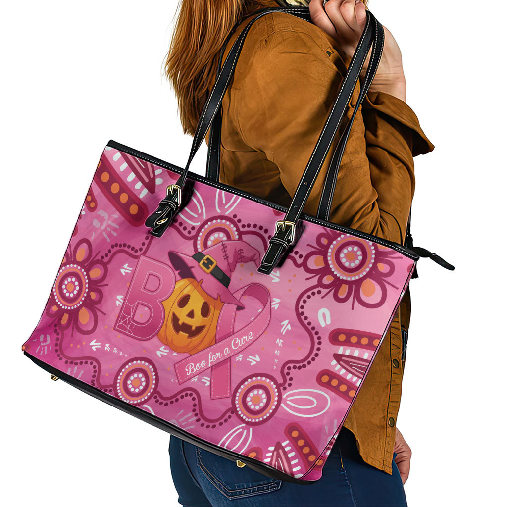 Boo for a Cure Pink Ghost Leather Tote Bag Aboriginal Halloween Wear Pink