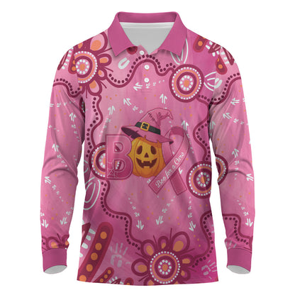 Boo for a Cure Pink Ghost Long Sleeve Polo Shirt Aboriginal Halloween Wear Pink