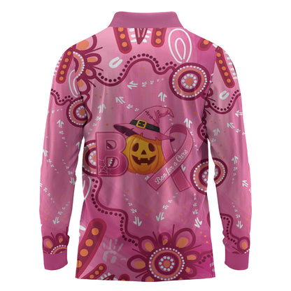 Boo for a Cure Pink Ghost Long Sleeve Polo Shirt Aboriginal Halloween Wear Pink