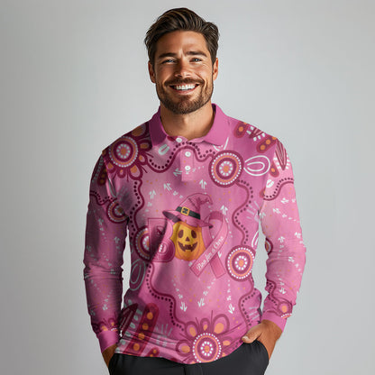 Boo for a Cure Pink Ghost Long Sleeve Polo Shirt Aboriginal Halloween Wear Pink