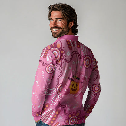 Boo for a Cure Pink Ghost Long Sleeve Polo Shirt Aboriginal Halloween Wear Pink