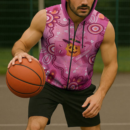 Boo for a Cure Pink Ghost Sleeveless Zip Hoodie Aboriginal Halloween Wear Pink