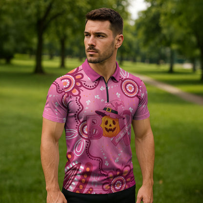 Boo for a Cure Pink Ghost Zipper Polo Shirt Aboriginal Halloween Wear Pink