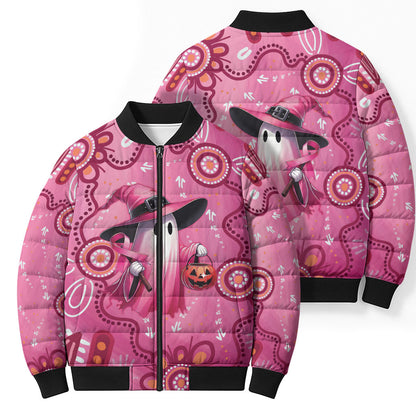 Pink Ghost Ribbon Bomber Puffer Jacket Aboriginal Halloween Wear Pink