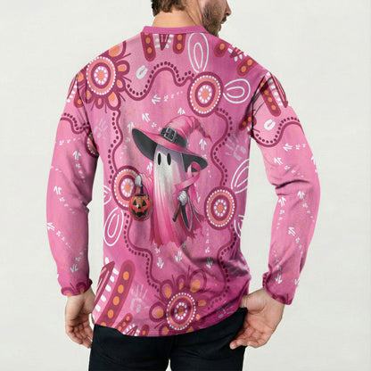Pink Ghost Ribbon Button Sweatshirt Aboriginal Halloween Wear Pink