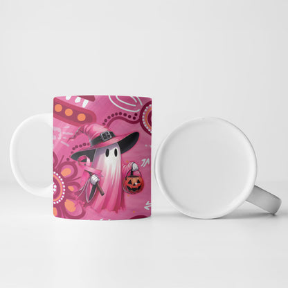 Pink Ghost Ribbon Ceramic Mug Aboriginal Halloween Wear Pink
