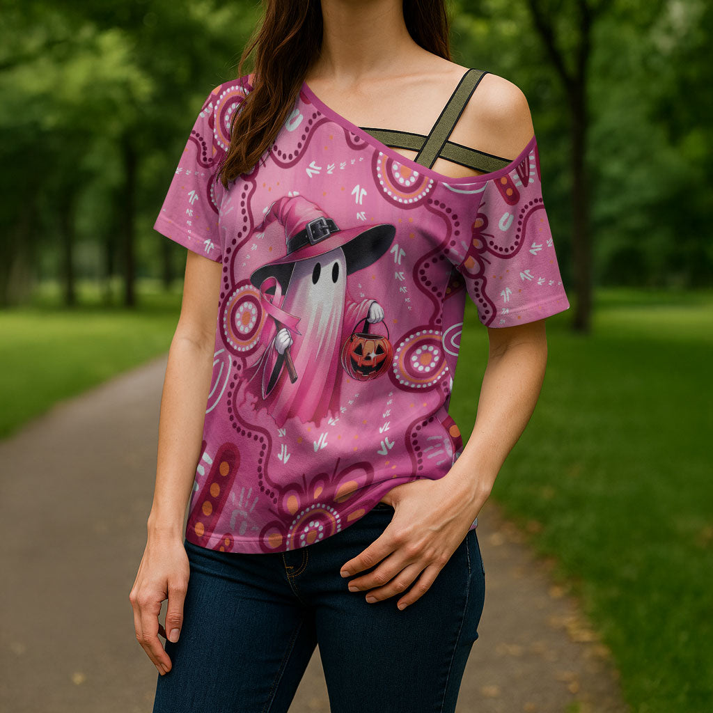 Pink Ghost Ribbon Cross Shoulder Shirt Aboriginal Halloween Wear Pink