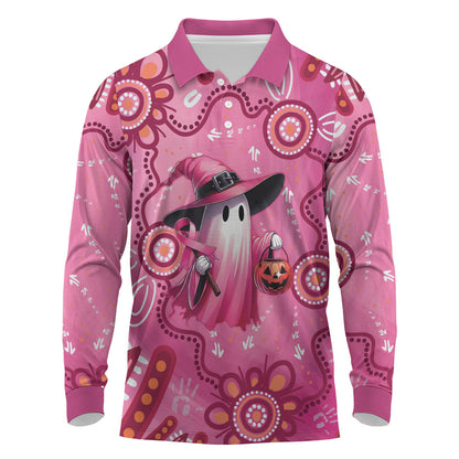 Pink Ghost Ribbon Long Sleeve Polo Shirt Aboriginal Halloween Wear Pink