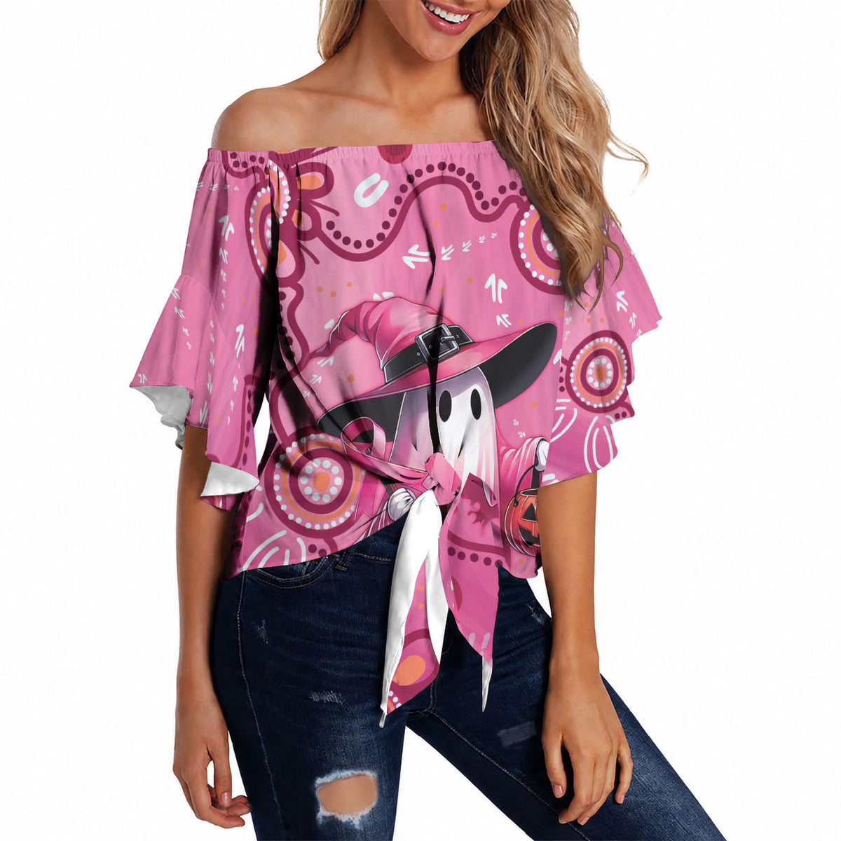 Pink Ghost Ribbon Off Shoulder Wrap Waist Top Aboriginal Halloween Wear Pink