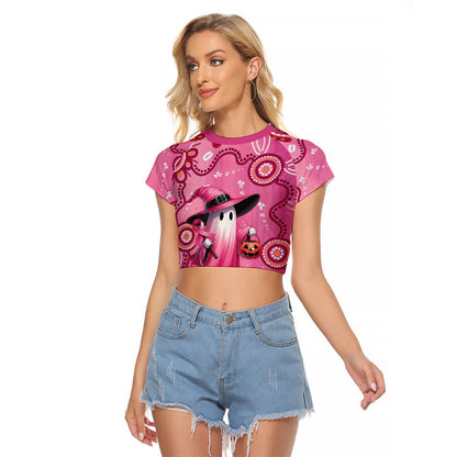 Pink Ghost Ribbon Raglan Cropped T Shirt Aboriginal Halloween Wear Pink