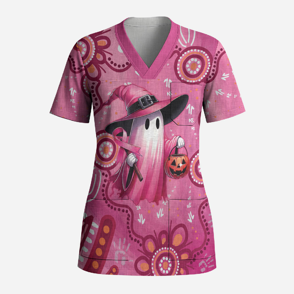 Pink Ghost Ribbon Scrub Top Aboriginal Halloween Wear Pink
