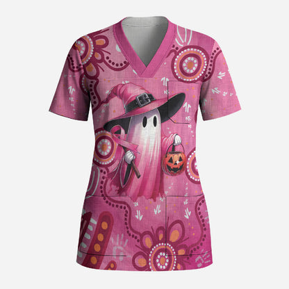 Pink Ghost Ribbon Scrub Top Aboriginal Halloween Wear Pink