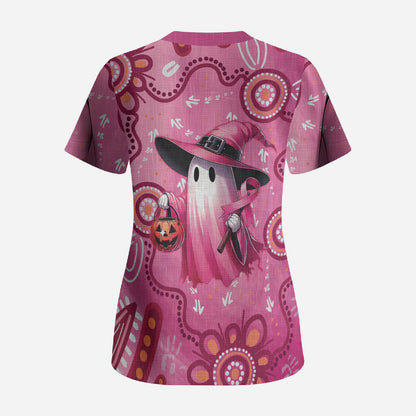 Pink Ghost Ribbon Scrub Top Aboriginal Halloween Wear Pink