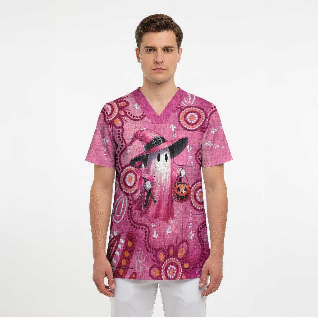Pink Ghost Ribbon Scrub Top Aboriginal Halloween Wear Pink