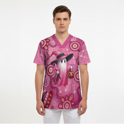 Pink Ghost Ribbon Scrub Top Aboriginal Halloween Wear Pink