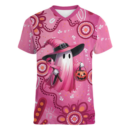 Pink Ghost Ribbon Women V-Neck T-Shirt Aboriginal Halloween Wear Pink