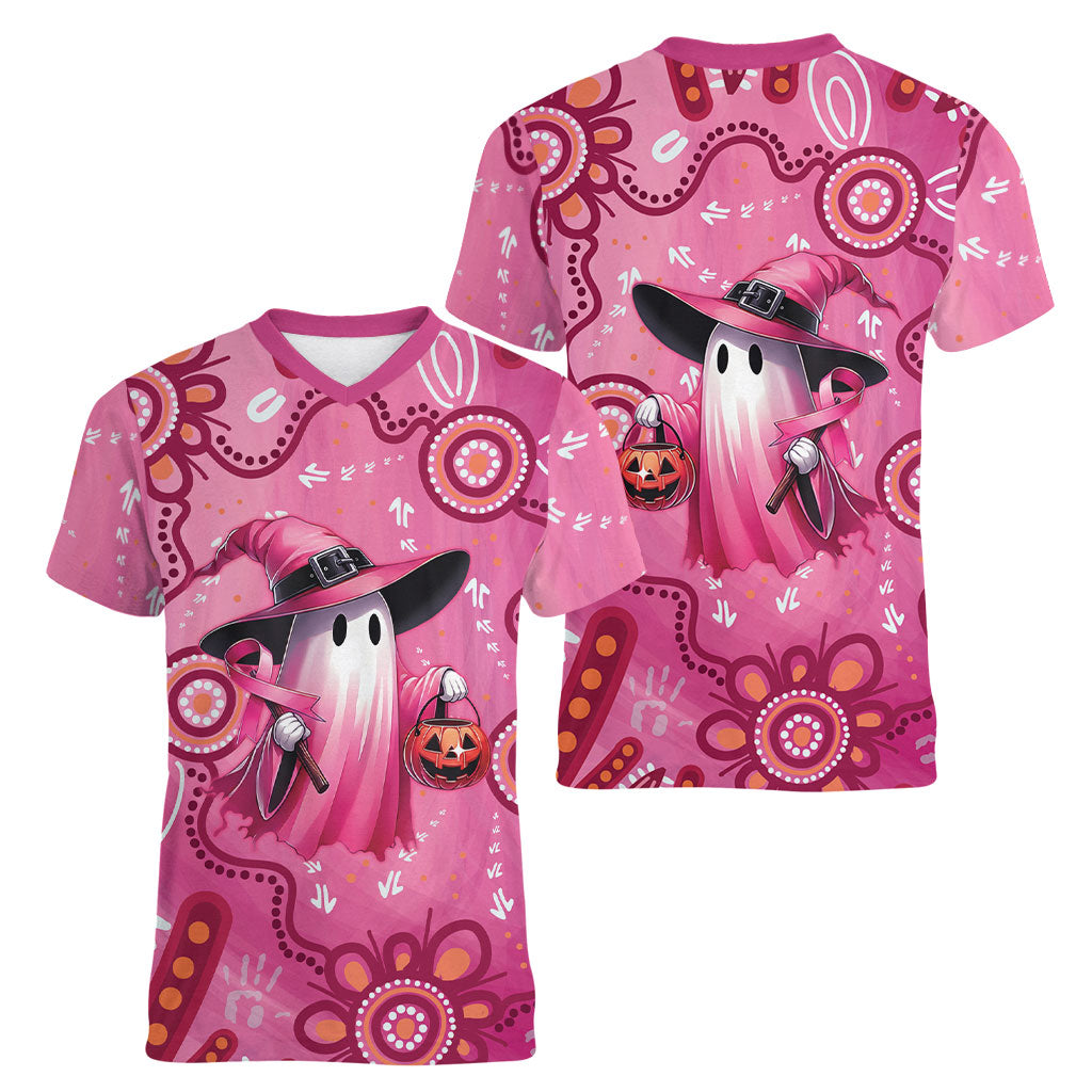 Pink Ghost Ribbon Women V-Neck T-Shirt Aboriginal Halloween Wear Pink