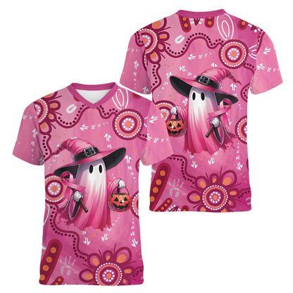 Pink Ghost Ribbon Women V-Neck T-Shirt Aboriginal Halloween Wear Pink
