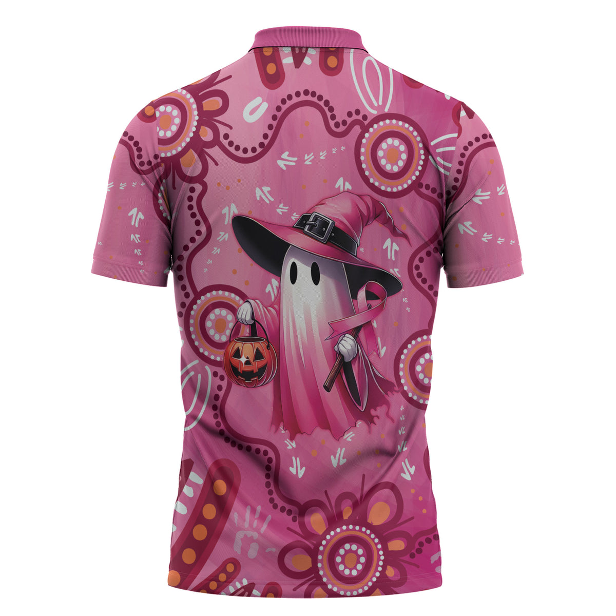Pink Ghost Ribbon Zipper Polo Shirt Aboriginal Halloween Wear Pink