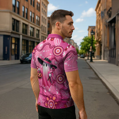 Pink Ghost Ribbon Zipper Polo Shirt Aboriginal Halloween Wear Pink