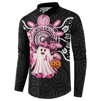 Spooky Pink Ghost Button Sweatshirt Aboriginal Halloween Wear Pink