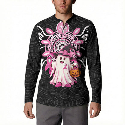 Spooky Pink Ghost Button Sweatshirt Aboriginal Halloween Wear Pink