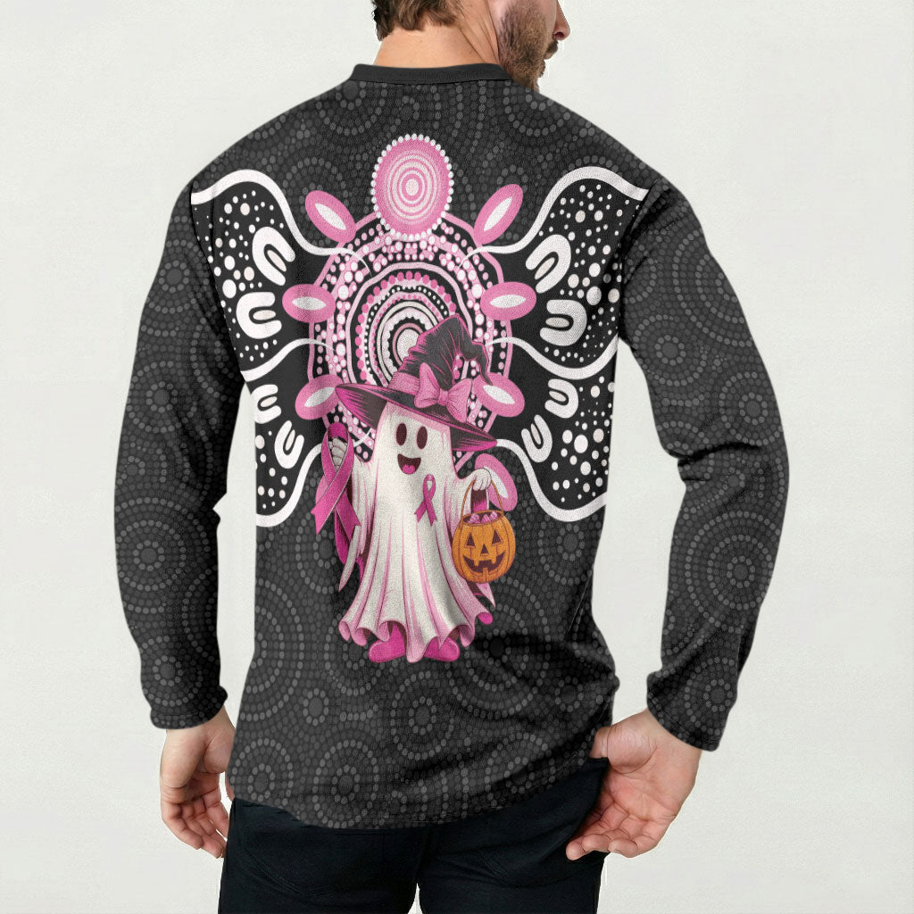Spooky Pink Ghost Button Sweatshirt Aboriginal Halloween Wear Pink