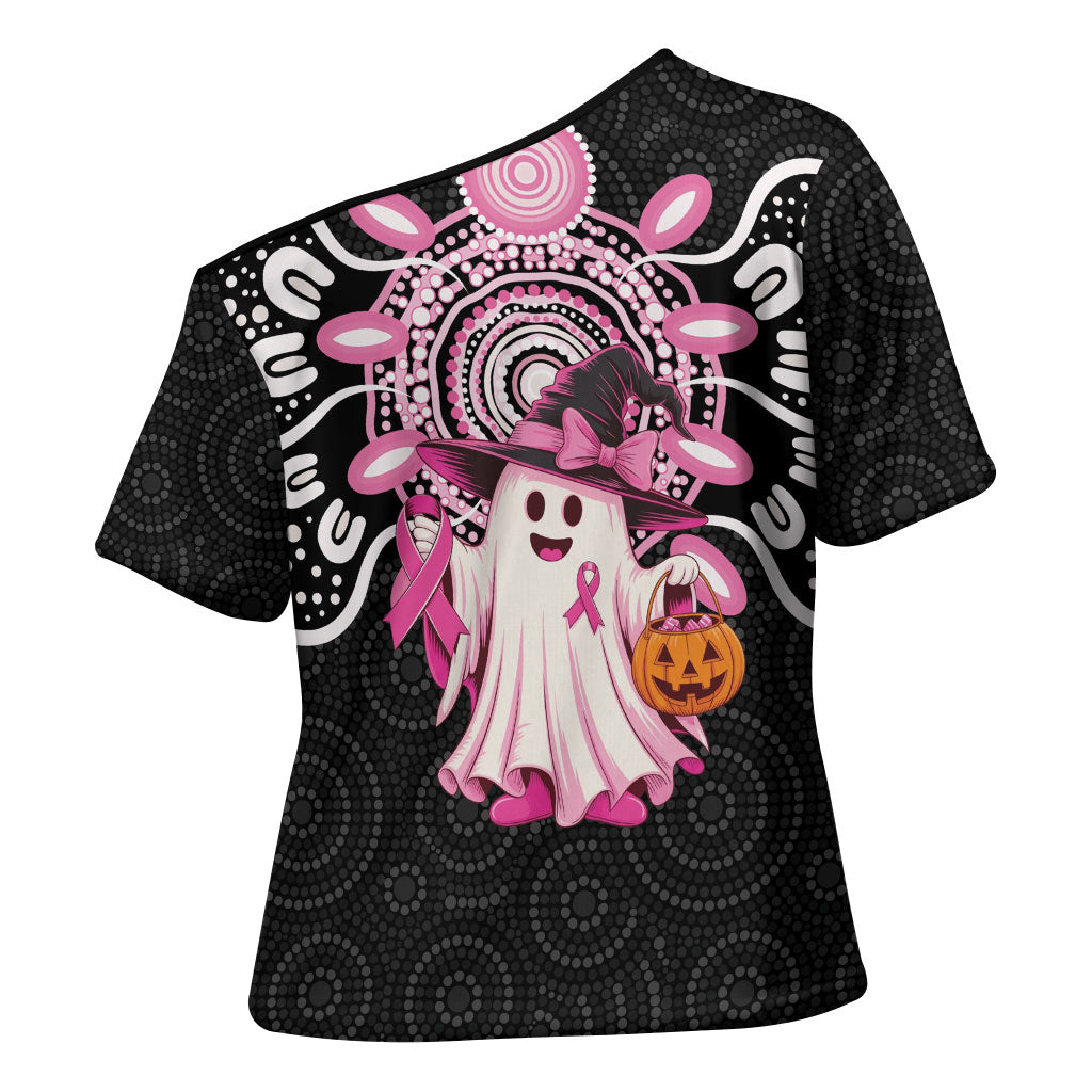 Spooky Pink Ghost Cross Shoulder Shirt Aboriginal Halloween Wear Pink
