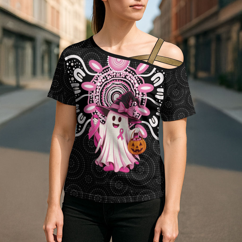 Spooky Pink Ghost Cross Shoulder Shirt Aboriginal Halloween Wear Pink